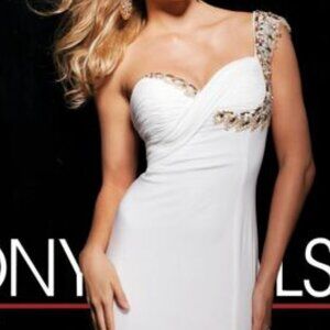 Tony Bowls Evening White 2 LONG JERSEY GOWN FORMAL PROM PAGEANT DRESS $600 11325